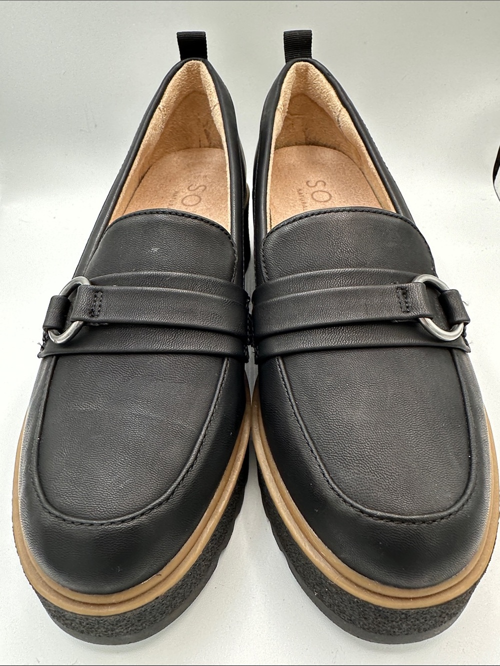 SOUL Naturalizer black Joyla loafers with 2-inch wedge heel, size 7.5M